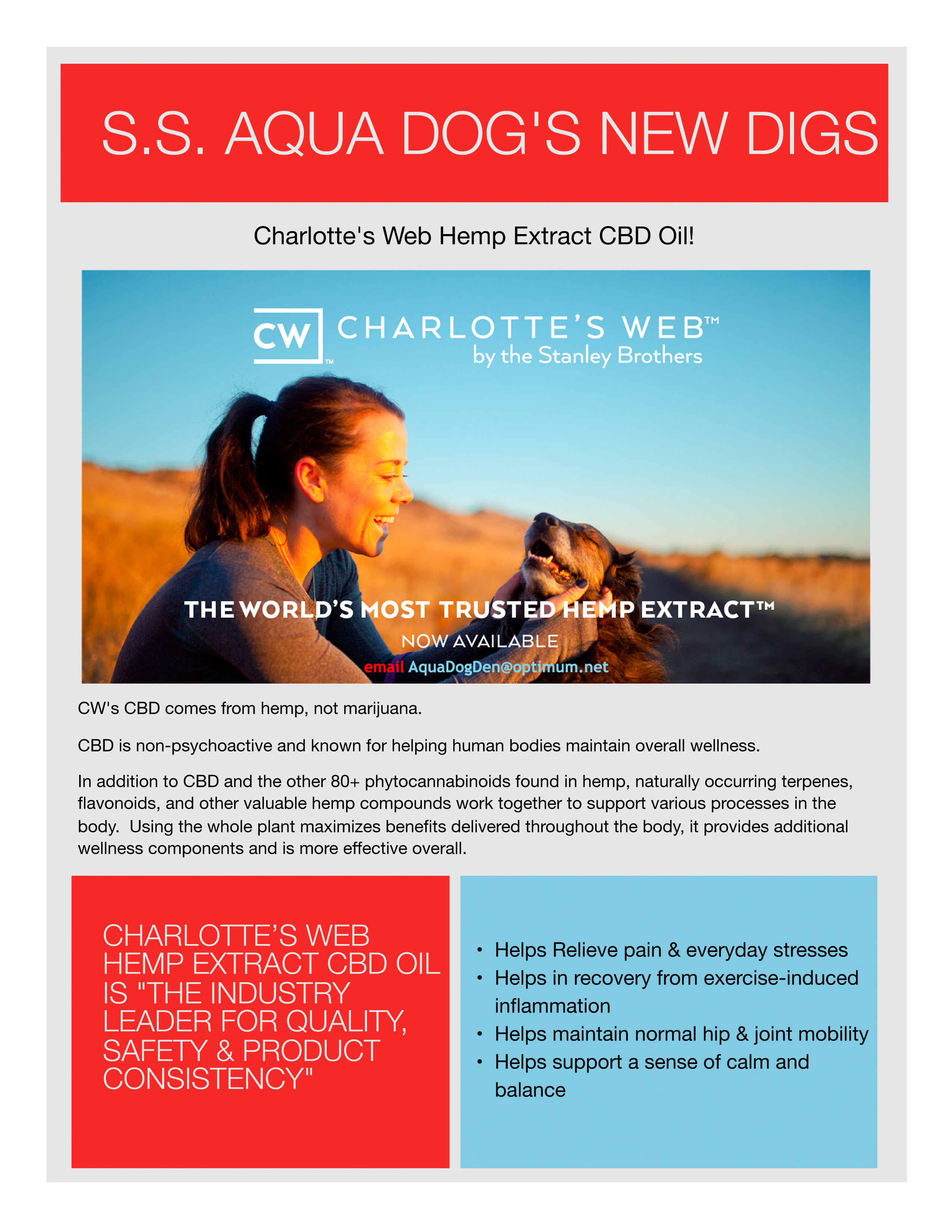 Aqua Dog Den-Charlotte's Web Hemp Extract CBD Oil for all!
